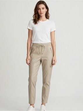 Comma NWT Faux Leather Cargo Jogger Pants Beige Taupe Size 12